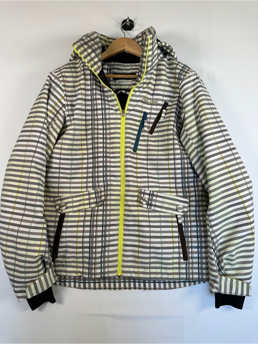 DNA Plaid Ski Jacket Detachable Hood Green Yellow Accents Size 12